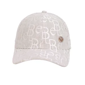Stylish beige monogram baseball cap for women, casual autumn sun protection hat with metal badge.