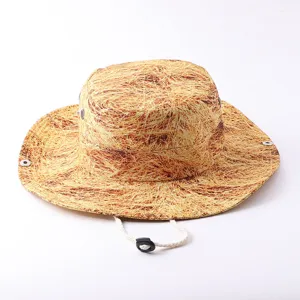 Detailed view of the wide-brim sun hat with straw print texture and adjustable chin strap.