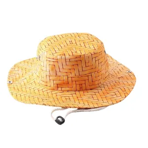 Wide brim outdoor sun hat with adjustable chin strap and breathable metal eyelets.
