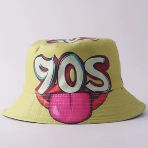 Sombrero de pescador vintage graffitis de los 90, gorra de sol estampada streetwear detalle.