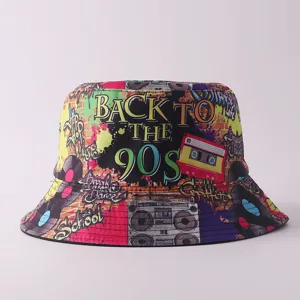Sombrero de pescador retro con estampado de grafitis de los 90, gorra de sol vintage hip hop.