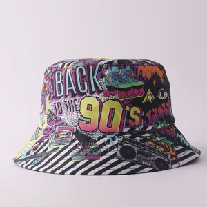 Gorro de cubo con estampado de graffiti retro de los 90, sombrero de sol streetwear.