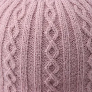 Knit hat detail view showing soft pink cable knit texture for cozy autumn and winter daily wear.