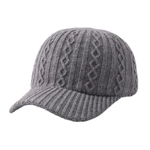 Grey knitted baseball cap for autumn winter, warm wool knit peak hat minimalist style