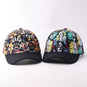 Detailed close-up view of stylish fashion baseball caps featuring unique comic and face prints.