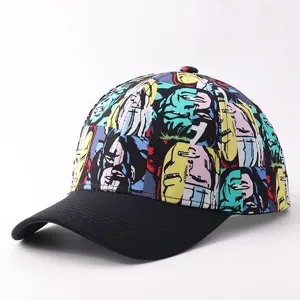 Colorful comic print baseball cap with curved black brim for casual trendy streetwear style.
