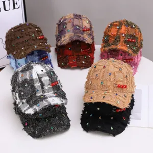 Dames Vintage Tweed Ruitjes Honkbalpet Met Gerafelde Randen Strass Kwastje Veiligheidsspeld Decoratie Mode Zonbescherming Hoed