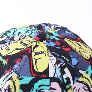 Colorful anime print baseball cap with curved brim, stylish comic panel fabric design.