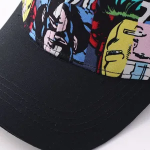 Detailed close-up of pop-art print baseball cap with curved brim and colorful face design.