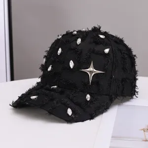Black distressed baseball cap with sparkling rhinestones and silver star decoration for women.