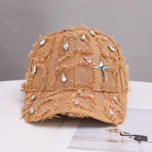 Frayed texture baseball cap with rhinestones and silver star, stylish casual hat for women