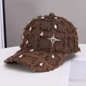 Brown distressed rhinestone baseball cap with metal star Y2K gothic streetwear hat