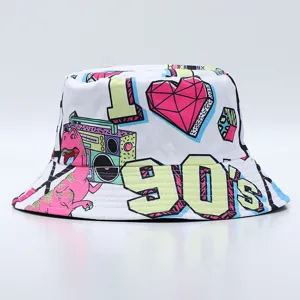Sombrero de pescador blanco estilo retro de los años 90 con estampado colorido, gorro streetwear.