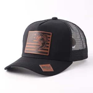Gorra de camionero negra con parche de cuero marrón gorra de béisbol deportiva
