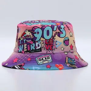 Sombrero de cubo con estampado de graffiti retro de los 90, sombrero de sol degradado.
