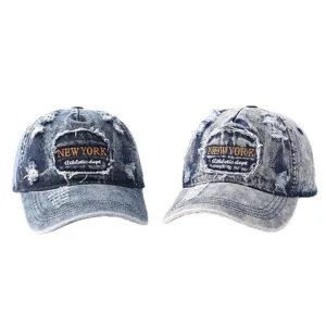 Vintage verwassen denim honkbalpet voor heren en dames, retro gescheurde dad hoed.