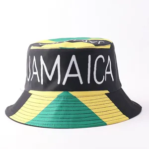 Sombrero de pescador estilo Jamaica negro amarillo verde estampado moda proteccion solar exterior.
