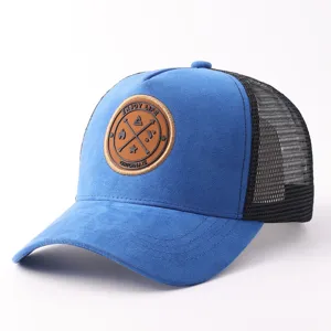 Blauwe Suede Trucker Pet Ademende Mesh Honkbalpet Outdoor Sport Casual Hoofddeksel