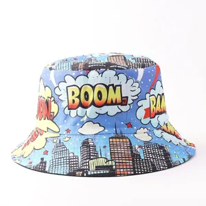 Gorro de pescador streetwear con estampado de cómic pop art, sombrero azul de sol.