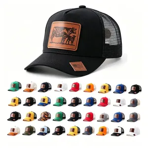 Gorra Trucker con Parche de Cuero Animal para Hombre Mujer Gorra de Béisbol de Malla Transpirable Sombrero para el Sol con Elementos del Mapa de EE. UU.