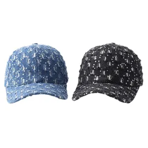 Gorra de béisbol de denim desgastada con diamantes de imitación para mujer, sets azul y negro