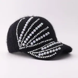 Women Winter Warm Knit Mink Cashmere Baseball Cap Rhinestone Artificial Pearl Decorated Curved Brim Outdoor Fashion Commute Hat