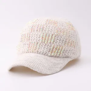 Casquette de baseball en tricot strass beige, bonnet d'hiver chaud avec cristaux brillants.