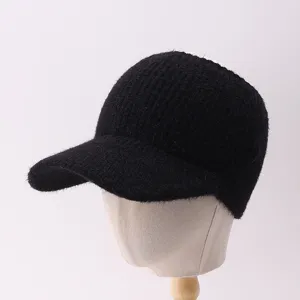 Gorra de béisbol de punto negro para mujer, sombrero cálido de invierno de felpa informal.