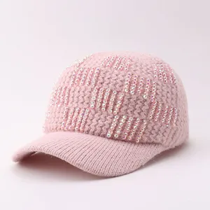 Casquette de baseball en tricot strass rose, bonnet chaud d'hiver avec cristaux pour femmes.