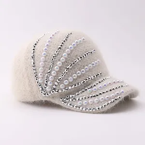 Beige knitted baseball cap detail, stylish warm plush hat adorned with shiny pearls and rhinestones.