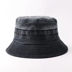 Καπέλο τύπου bucket από denim με φαρδύ γείσο κορεατικό στιλ φθινοπωρινή μόδα δαντέλα προστασία