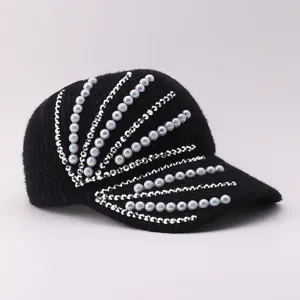 Black knit baseball cap with pearls and rhinestones, stylish winter warm mink fleece hat for women.