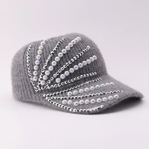 Grey knitted baseball cap decorated with pearls and rhinestones, stylish winter warm hat.