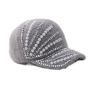 Winter warm grey knitted baseball cap decorated with sparkling rhinestones and chic pearls.