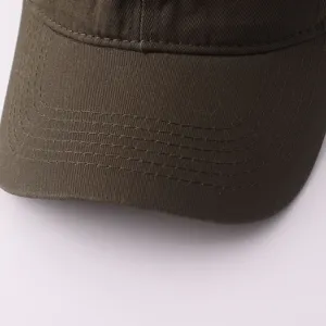 Primer plano de la visera y las costuras de una gorra de béisbol de algodón verde oscuro.