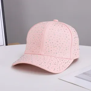 Pink rhinestone baseball cap for women, sparkling crystal embellished adjustable casual duckbill hat.