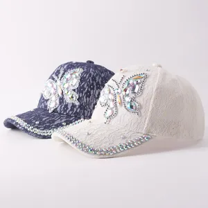 Gorra de béisbol de encaje con diamantes imitación mariposa mujer sombrero elegante