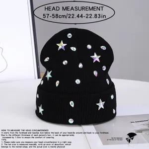 Gorro de punto negro para mujer con estrellas de pedrería de cristal brillante, cálido.