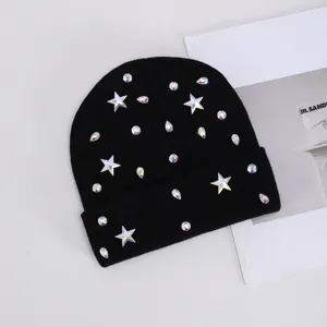 Gorro de punto negro con pedrería brillante, gorro de invierno cálido para mujer.