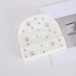 Gorro de punto con pedrería cálido invierno mujer, gorro térmico blanco con estrellas de cristal.