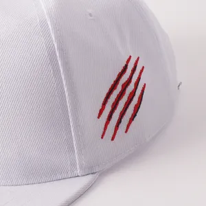 Primo piano del cappellino da baseball bianco con dettagliato ricamo di artigli.