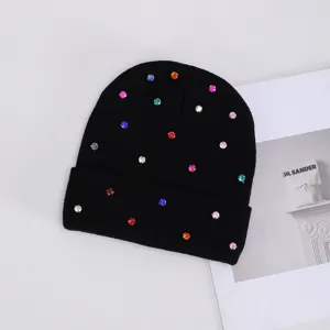 Gorro de punto negro con pedrería para mujer sombrero cálido de invierno moda brillante cristales