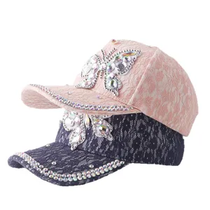 Gorra de beisbol para mujer con diamantes de imitacion mariposa encaje diseño rosa azul