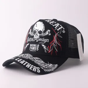 Casquette de baseball noire tendance en tulle avec broderie tête de mort et style rétro.