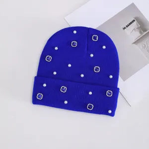 Gorro de punto perla estrás azul invierno cálido elegante sombrero cristales detalle