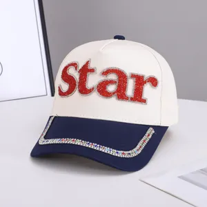Gorra de béisbol con estrella de diamantes de imitación, visera curva bicolor, casual.