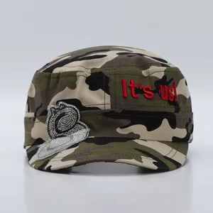 Casquette Plate Camouflage en Coton À la Mode Avec Broderie de Lettres Accent en Strass Visière Courbée Chapeau Militaire Sport de Plein Air pour Femmes Hommes