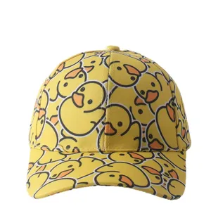 Gorra de béisbol amarilla con estampado de pato de dibujos animados y visera curva