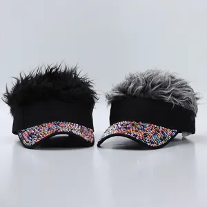 Sombrero de visera con diamantes de imitación y pelo falso divertido, gorra deportiva.