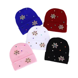 Gorro de punto con pedrería invierno cálido moda térmico suave sombrero colores surtidos